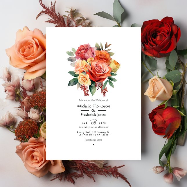 Invitation Mariage floral rouge, orange et de sable (Créateur téléchargé)