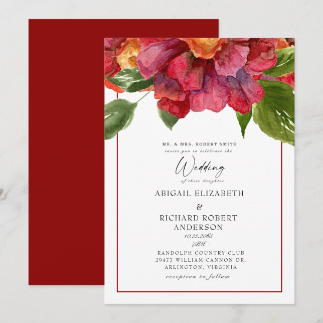 Invitation Mariage floral rouge Toscan Bold Parents (Devant / Derrière)