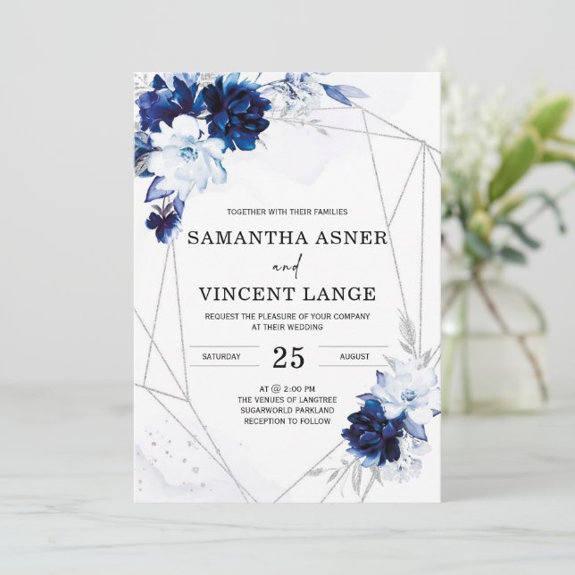 Invitation Mariage Floral Royal Bleu Blanc Argent (Debout devant)