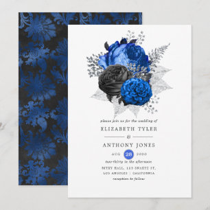 Invitation Mariage Floral Royal Bleu, Noir et Argent