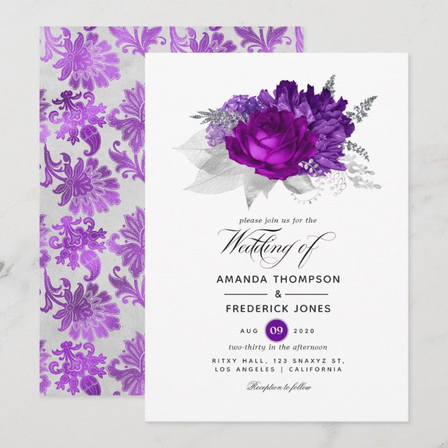 Invitation Mariage Floral Royal violet et argenté (Devant / Derrière)