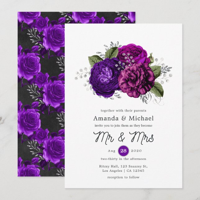 Invitation Mariage Floral Royal violet et argenté (Devant / Derrière)