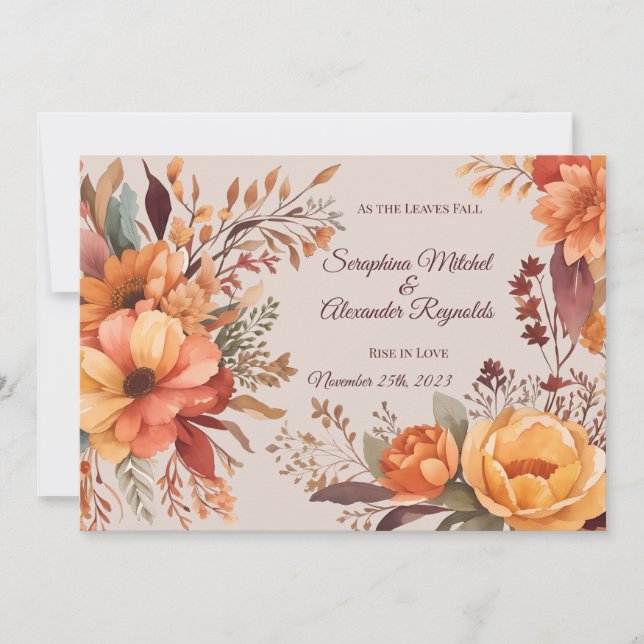 Invitation Mariage Floral Rustique Aquarelle d'Automne (Devant)