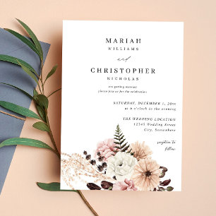 Invitation Mariage floral rustique beige et rose pâle