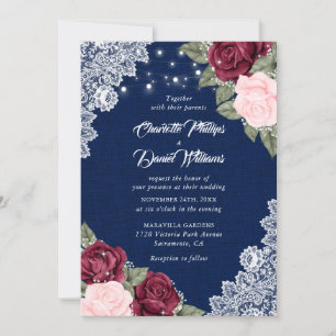 Invitation Mariage Floral Rustique Bleu Bourgogne