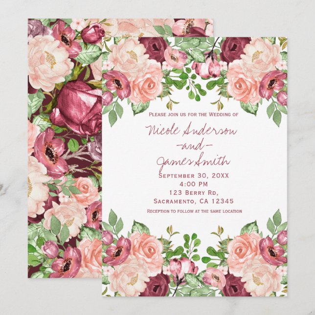 Invitation Mariage Floral Rustique Bourgeois de Marsala (Devant / Derrière)