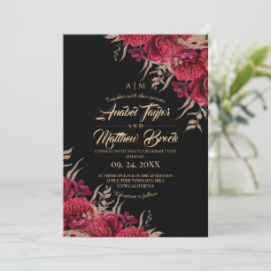 Invitation Mariage Floral Rustique Bourgogne Noir Or