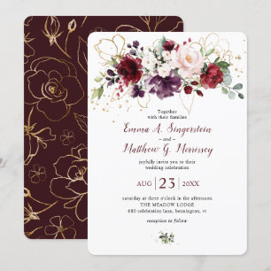 Invitation Mariage Floral Rustique Burgundy en or