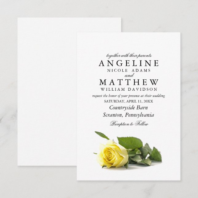 Invitation Mariage floral rustique de la classe rose jaune (Devant / Derrière)