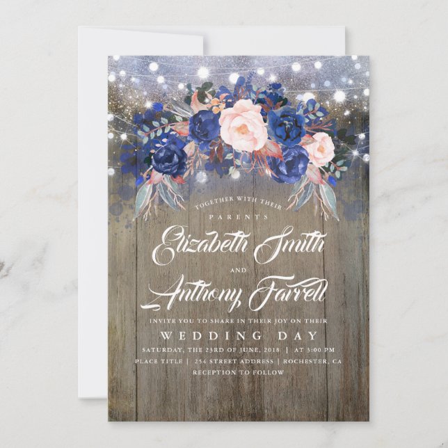 Invitation Mariage Floral Rustique de la marine (Devant)