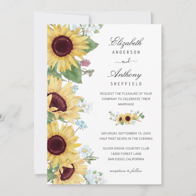 Invitation Mariage floral rustique élégant de tournesol (Devant)