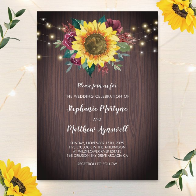 Invitation Mariage floral rustique en bois de tournesol (Créateur téléchargé)