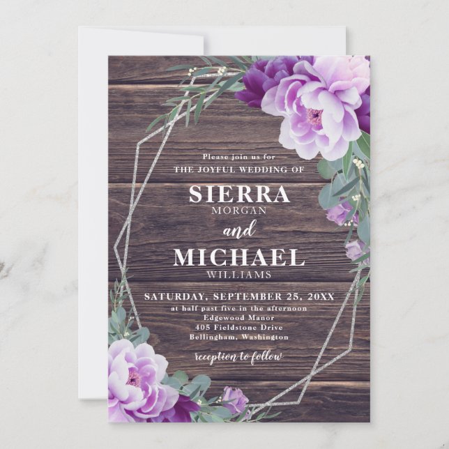 Invitation Mariage floral rustique et argenté (Devant)