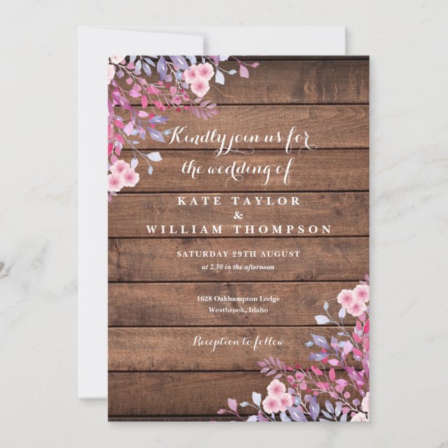 Invitation Mariage Floral Rustique Fleur sauvage en bois (Devant)