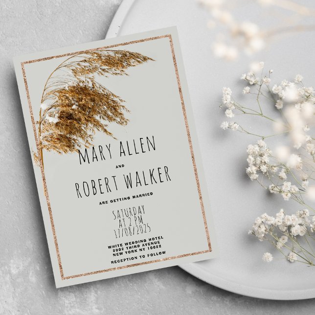 Invitation Mariage floral rustique gris-doré (Rustic golden gray wetland floral wedding )