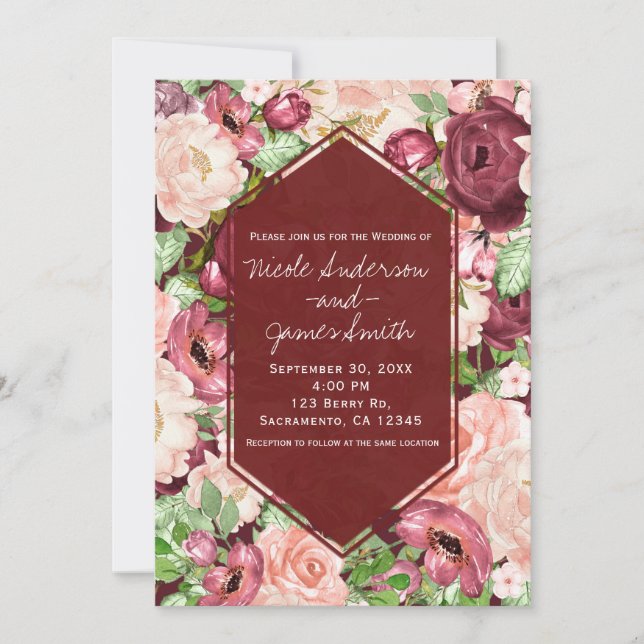 Invitation Mariage Floral Rustique Marron Marsala (Devant)