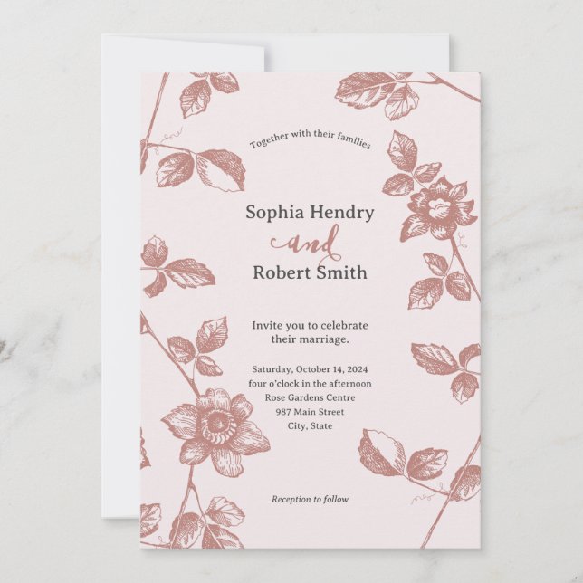 Invitation Mariage floral rustique rose blanc (Devant)