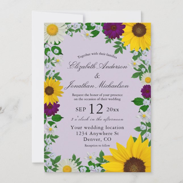 Invitation Mariage floral rustique Tournesol Daisy (Devant)