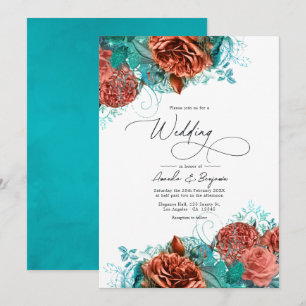 Invitation Mariage Floral Rustique Turquoise et Corail