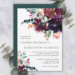 Invitation Mariage Floral Sarcelle et Vin Luxueux