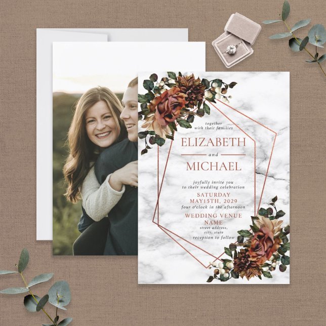 Invitation Mariage floral séché de marbre géométrique en cuiv (Créateur téléchargé)
