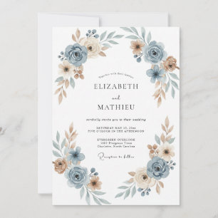 Invitation Mariage Floral Sérénité Bleu Poussiéreux