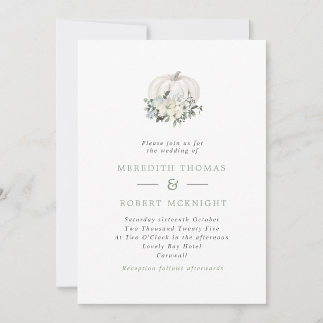 Invitation Mariage floral simple blanc et Citrouille de taill (Devant)