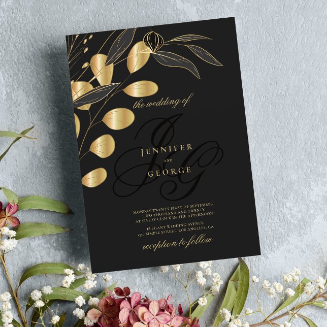 Invitation Mariage floral simple or noir monogramme initiales (Simple black gold monogram initials floral wedding )