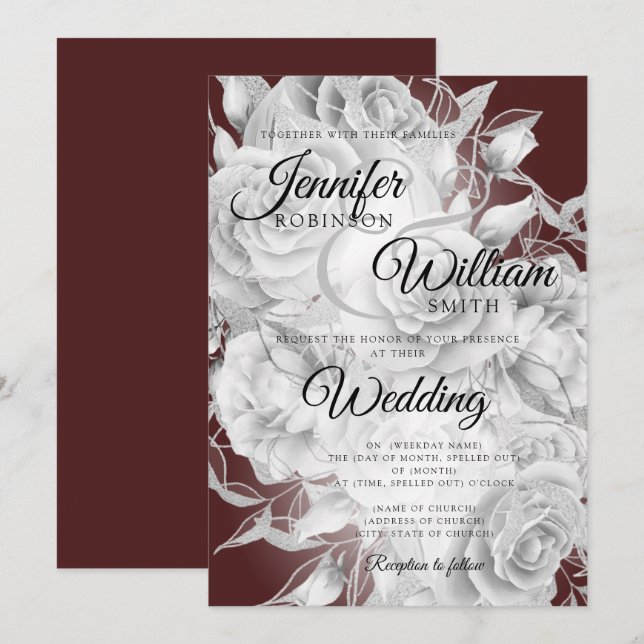 Invitation Mariage floral sobre et bordeaux élégant  (Devant / Derrière)