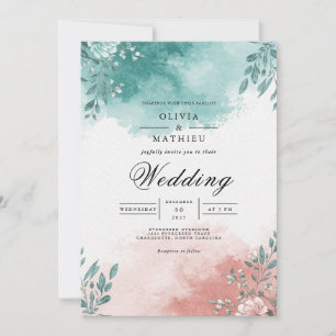 Invitation Mariage Floral Splash Corail Sarcelle