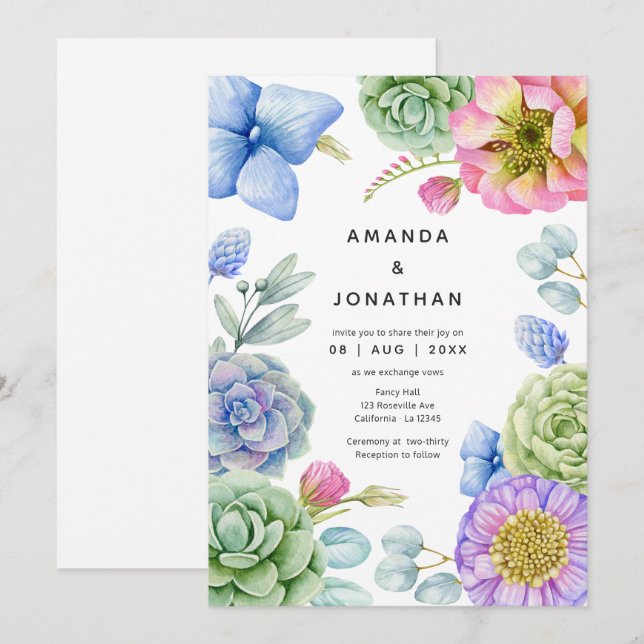 Invitation Mariage floral succulent tendance (Devant / Derrière)