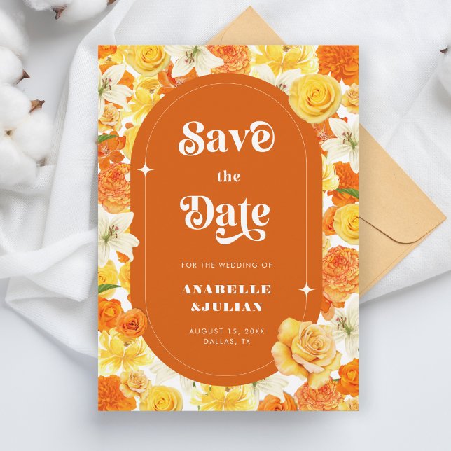 Invitation Mariage floral Super rétro Jaune Orange (Créateur téléchargé)
