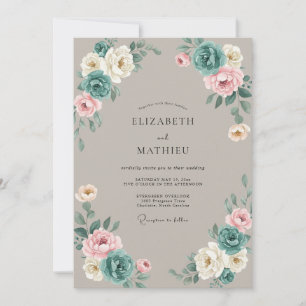Invitation Mariage Floral Taupe Blush Sarcelle