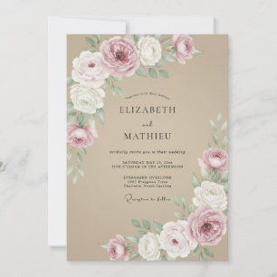 Invitation Mariage Floral Taupe Rose Poussiéreuse