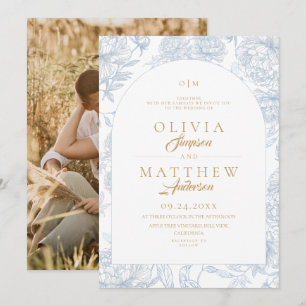Invitation Mariage Floral Toile Bleue Français 