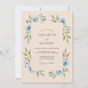 Invitation Mariage Floral Tranquille Bleu Poussiéreux