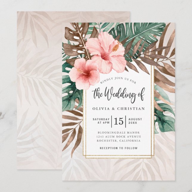 Invitation Mariage floral tropical à l'aquarelle moderne (Devant / Derrière)