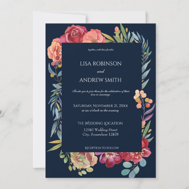 Invitation Mariage floral tropical de Bourgogne géométrique - (Devant)