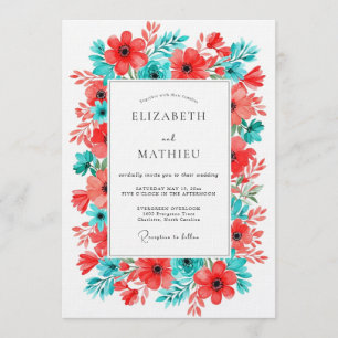 Invitation Mariage Floral Turquoise Corail