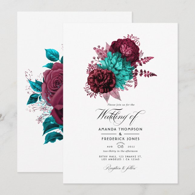 Invitation Mariage floral turquoise et bourguignonne (Devant / Derrière)