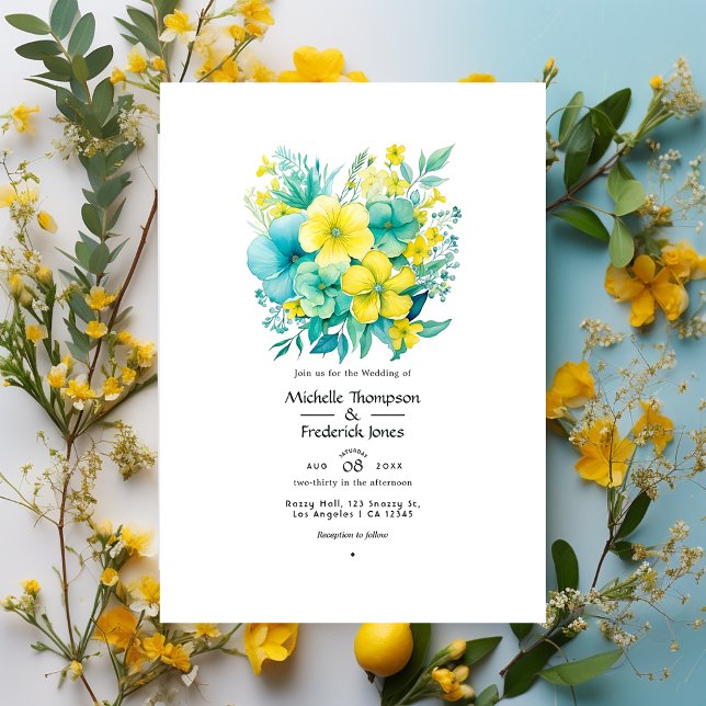 Invitation Mariage floral turquoise et citron (Créateur téléchargé)
