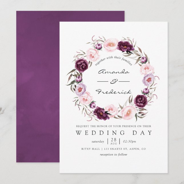 Invitation Mariage floral velours profond (Devant / Derrière)