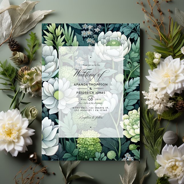 Invitation Mariage floral vert argenté, blanc et forestier (Créateur téléchargé)