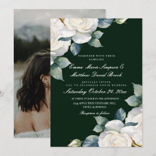 Invitation Mariage floral vert émeraude et rose blanche