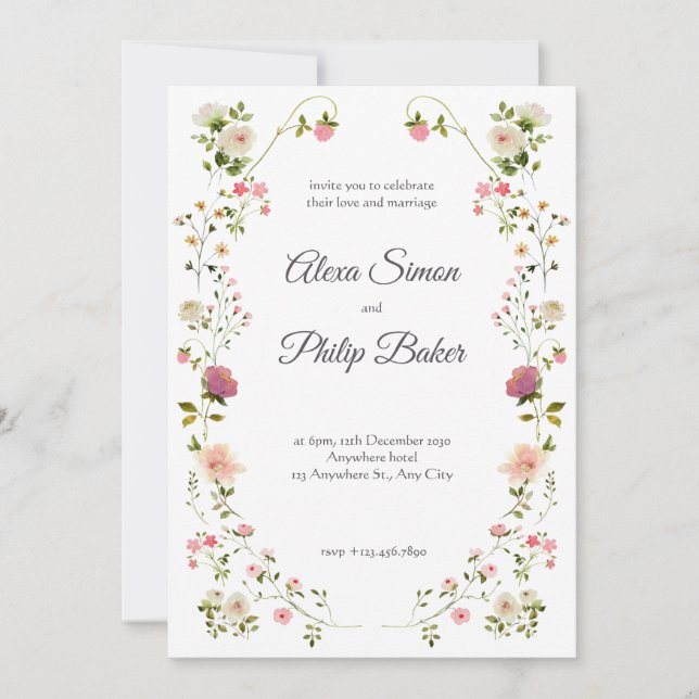 Invitation Mariage floral vert et blanc (Devant)