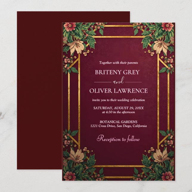 Invitation Mariage floral vert et bordeaux géométrique or (Devant / Derrière)