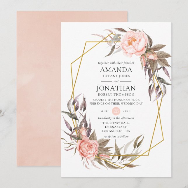 Invitation Mariage Floral vert et rose pâle (Devant / Derrière)