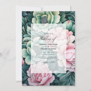 Invitation Mariage floral vert foncé et rose pastel