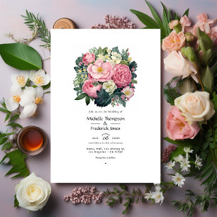 Invitation Mariage floral vert foncé et rose pastel