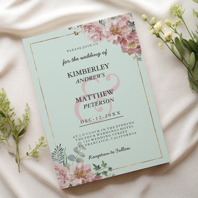 Invitation Mariage floral vert menthe or rose aquarelle (Gold mint green pink watercolor floral Wedding)